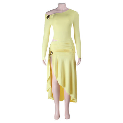 One-Shoulder Cutout Long Sleeve Slit Maxi Dress