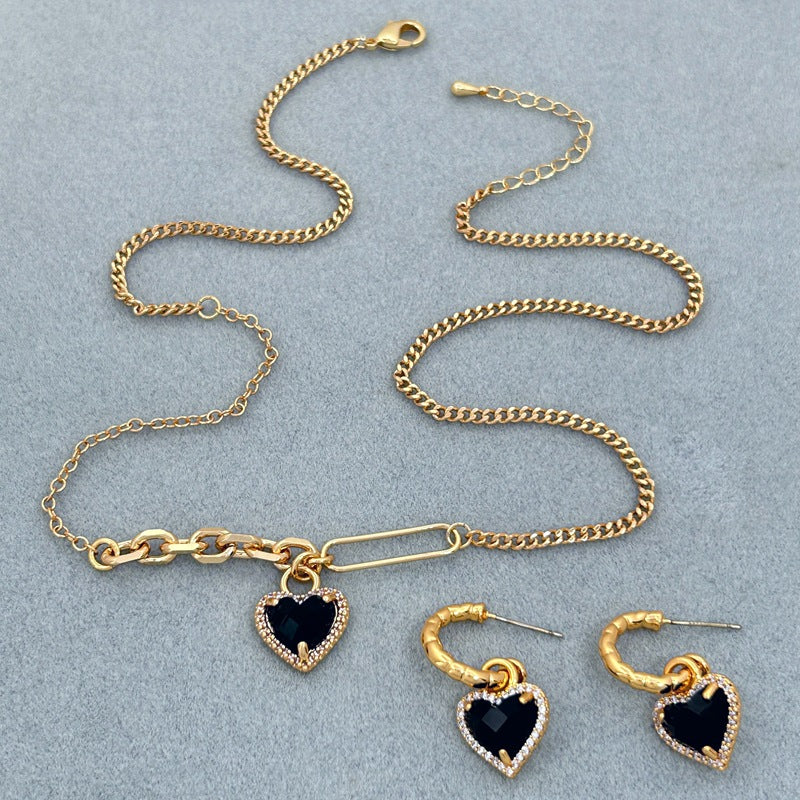 Sweet Heart Zircon Earrings & Clavicle Chain Set