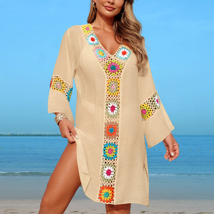 Mosaic Floral Crochet Beach Cover-Up Blouse