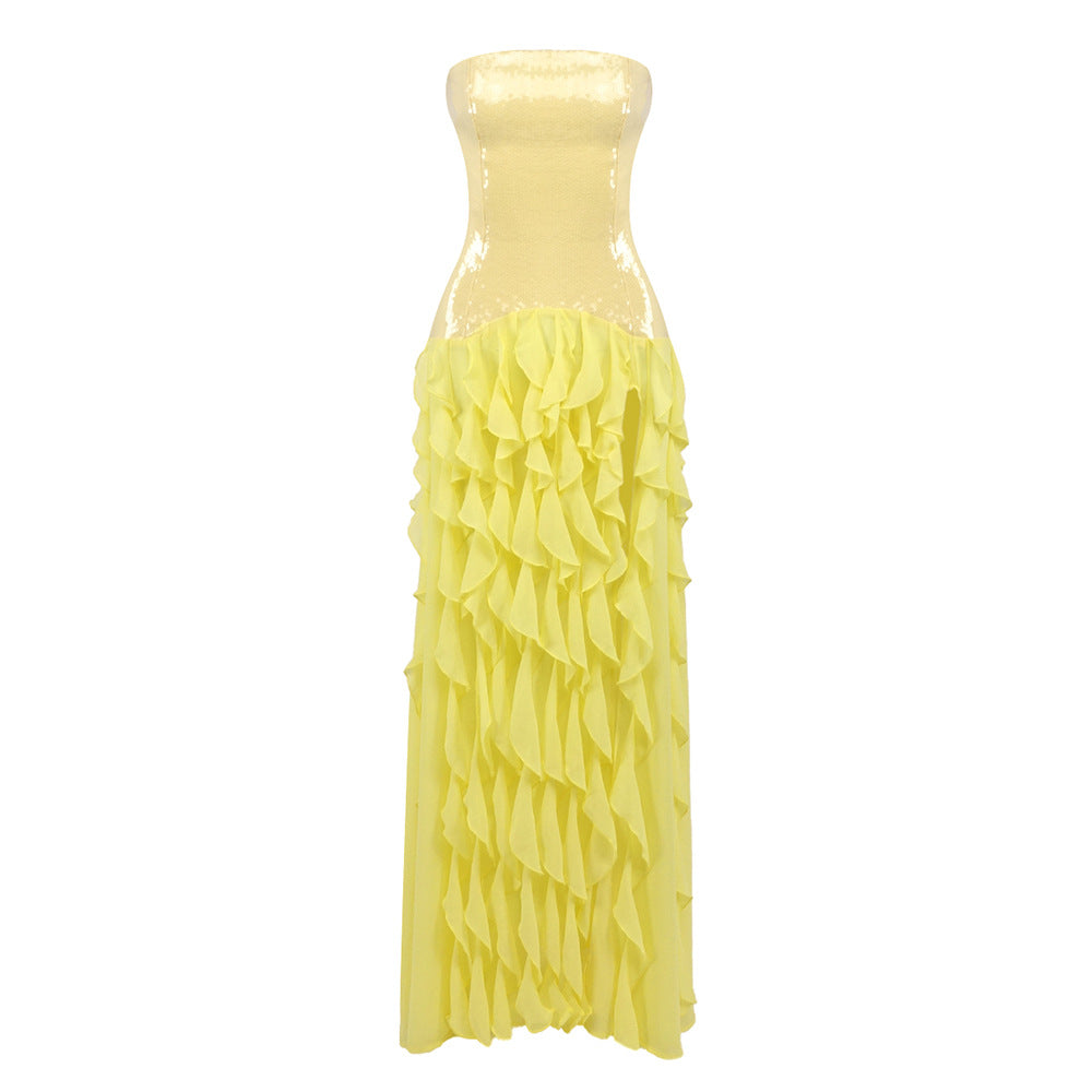 Sequin Ruffle Strapless Backless Formal Maxi Dress