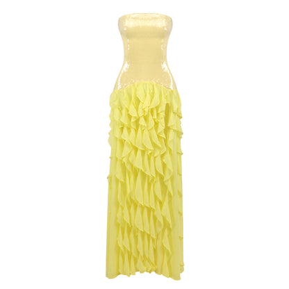 Sequin Ruffle Strapless Backless Formal Maxi Dress