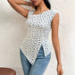 Floral Asymmetric Oblique Square Neck Cinched Slit Slim Vest