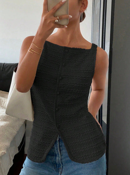 Single-Breasted Round Neck Sleeveless Slim Vest Top