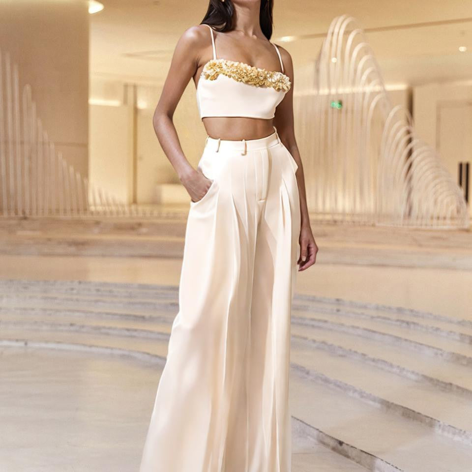 High Waist Wide Leg White Two-Piece Set