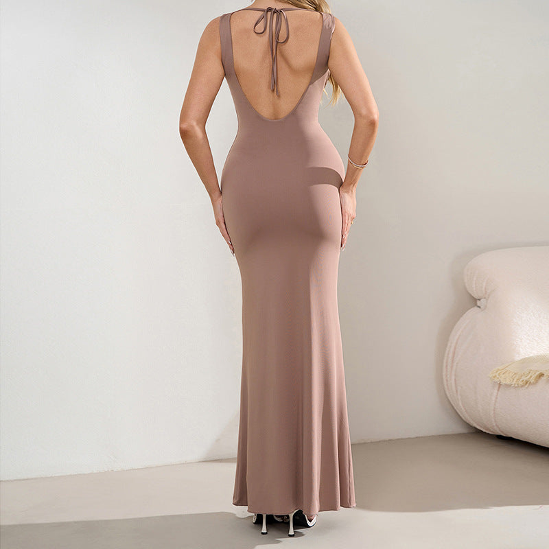 Milk Silk V-Neck Halter Backless Pleated Fishtail Maxi Dress