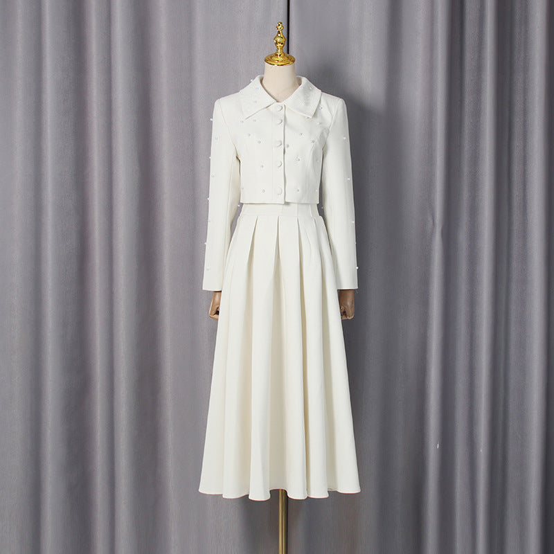 Beaded Collar Long Sleeve Pleated Slim Maxi Dress Two-Piece Set
