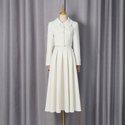 Beaded Collar Long Sleeve Pleated Slim Maxi Dress Two-Piece Set