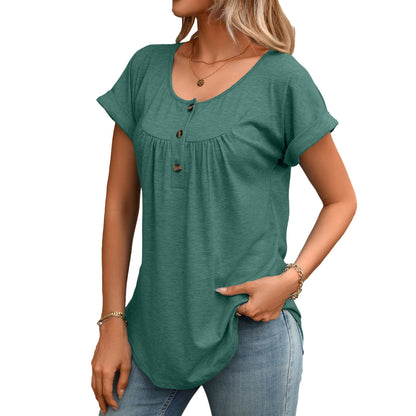 Solid Round Neck Button Loose Short Sleeve Tee