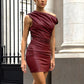 Faux Leather Diagonal Collar Pleated Sheath Dress