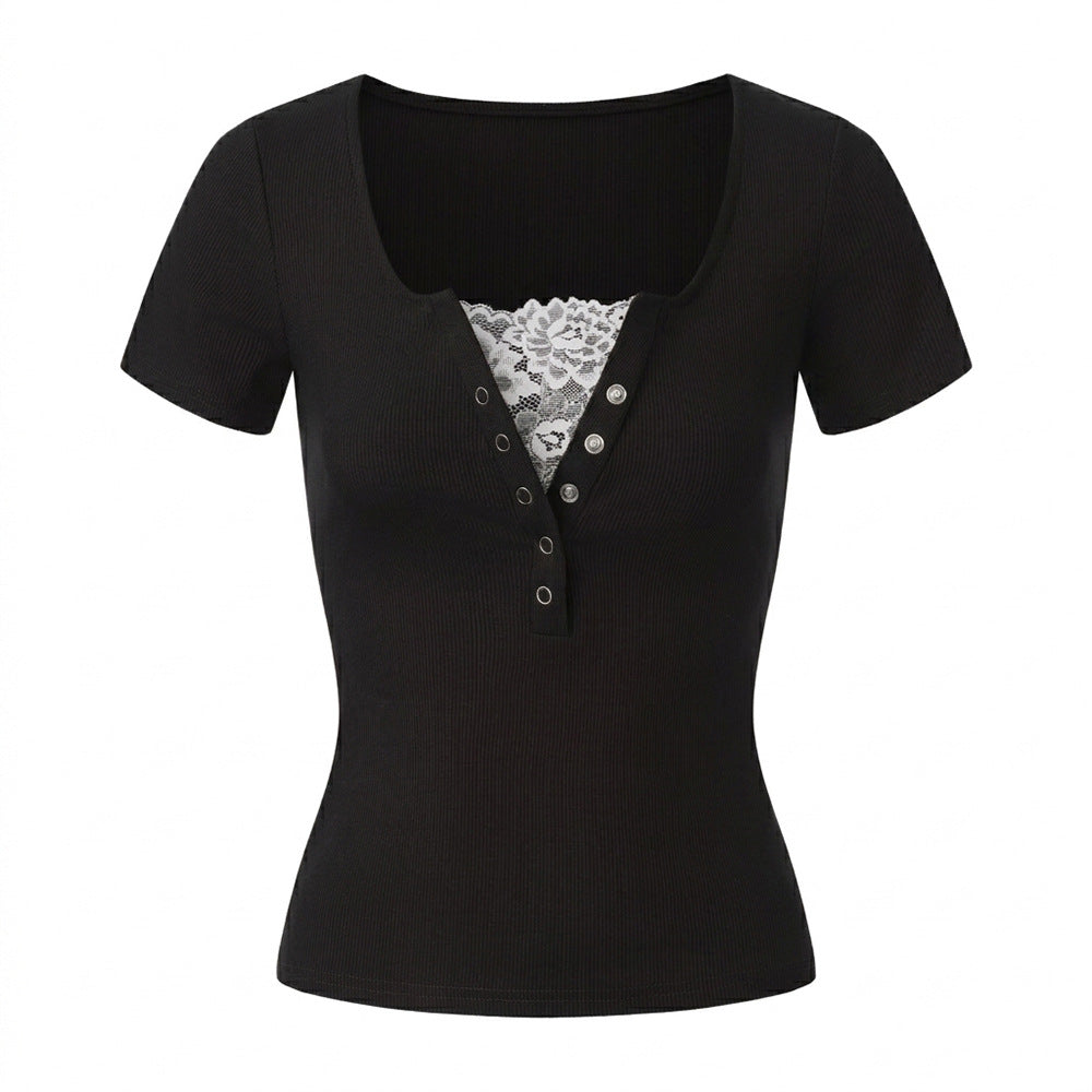 Lace Stitching Solid Short Sleeve Fitted T-Shirt