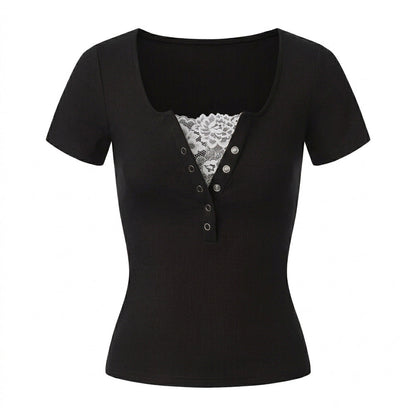 Lace Stitching Solid Short Sleeve Fitted T-Shirt