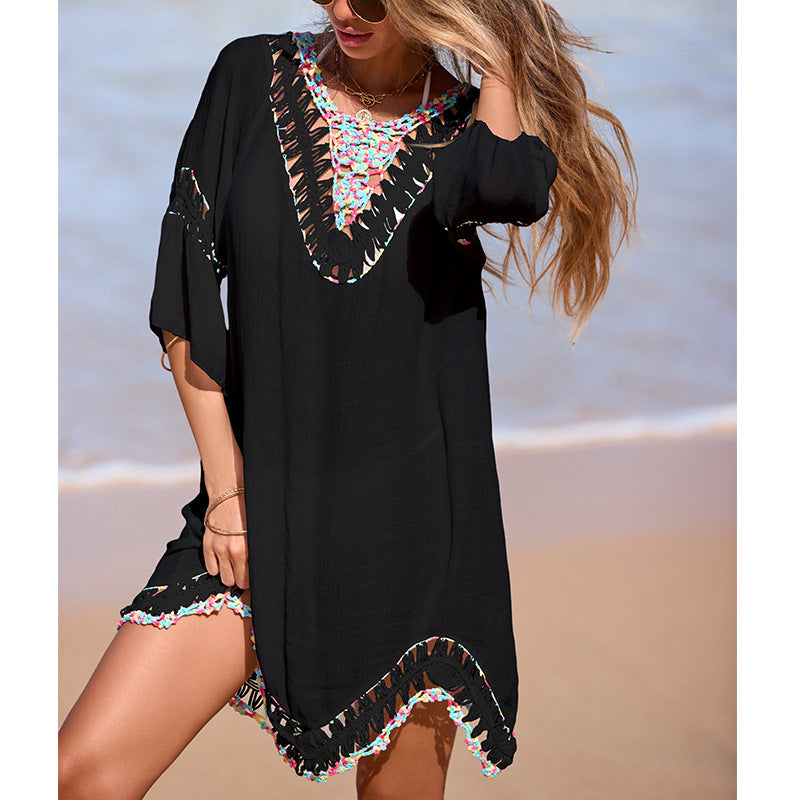 Colorful Crochet Hollow-Out Backless Lace-Up Beach Blouse Dress