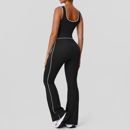 Contrast Color Hollow-Out Padded Yoga Bodysuit Jumpsuit