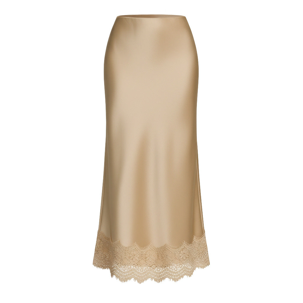 Lace Satin High Waist Pencil Midi Skirt