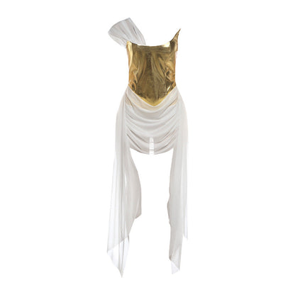 Golden Mesh Stitching Ribbon Sexy Maxi Dress