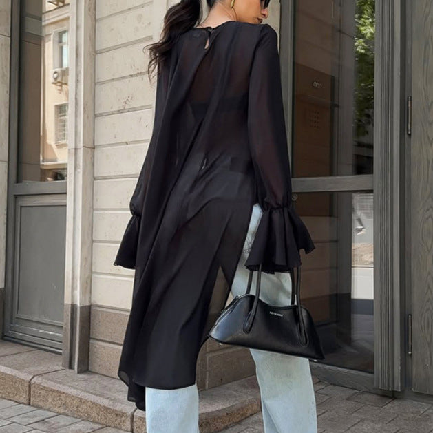 Mesh Ruffle Asymmetric Long Sleeve Chiffon Top