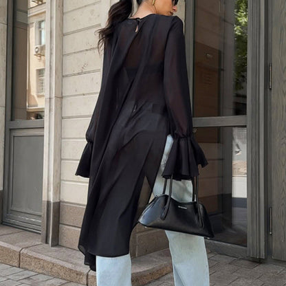 Mesh Ruffle Asymmetric Long Sleeve Chiffon Top