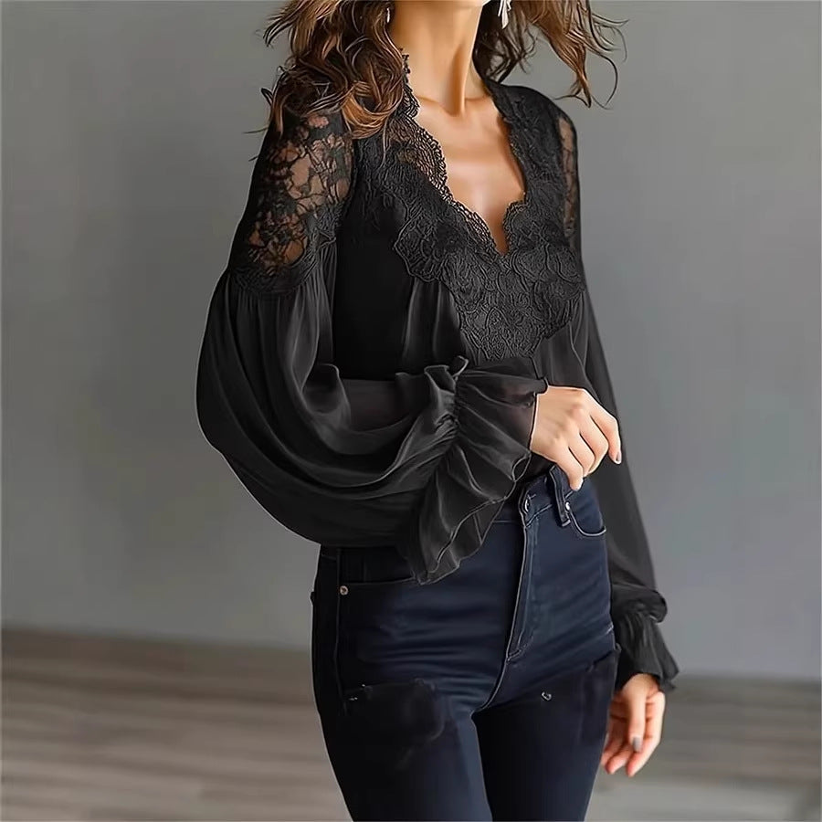 Lace Puff Sleeve Pleated Blouse