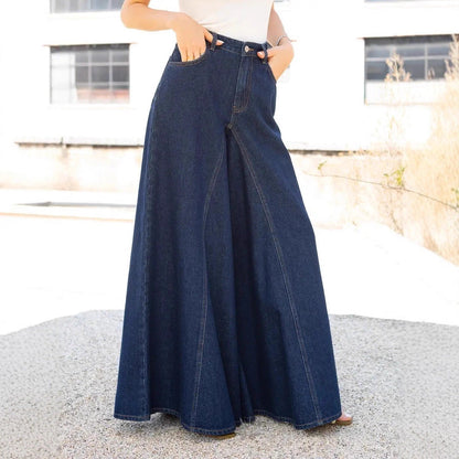 Elegant Wide Leg Stretch Washed Denim Jeans