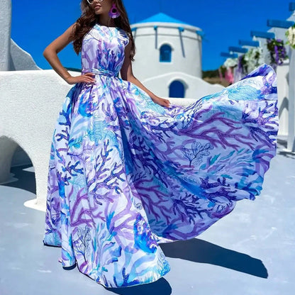 Sleeveless Mid-Length Beach Print Dress