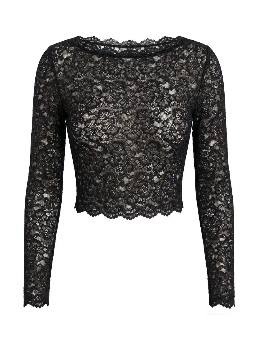 Lace Mesh See-Through Slim Long Sleeve Top