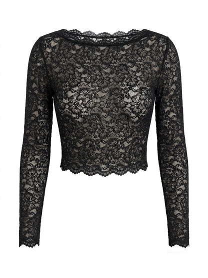 Lace Mesh See-Through Slim Long Sleeve Top