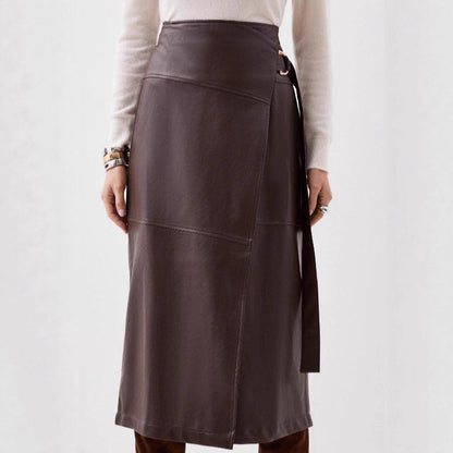 Faux Leather Asymmetric Slit Belt Adjustable A-Line Skirt