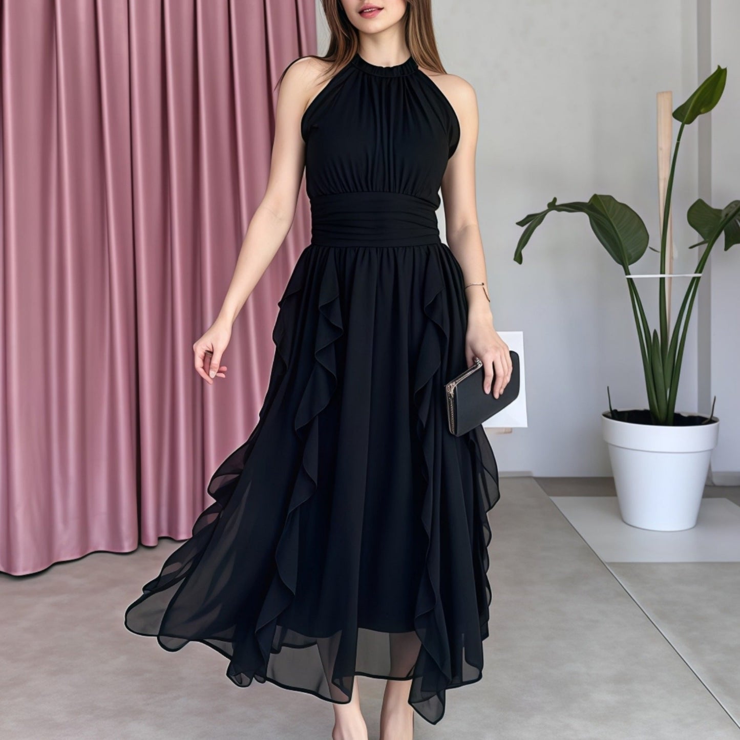 French Ruffle Waist-Slimming Mini Dress