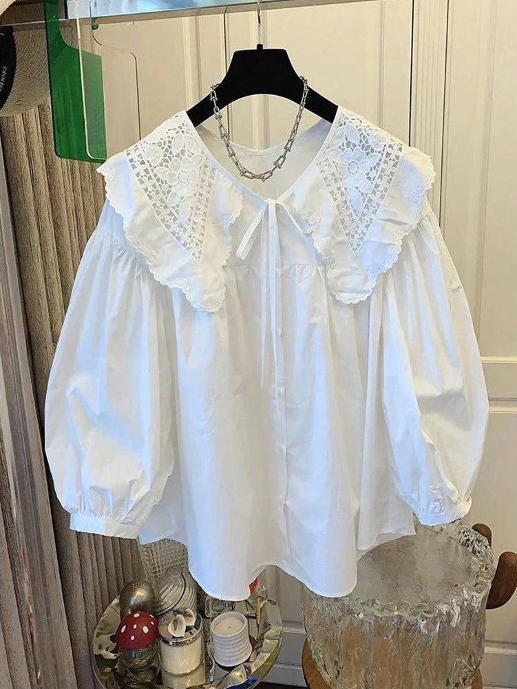 Peter Pan Collar Embroidered Tie Sweet Loose Blouse