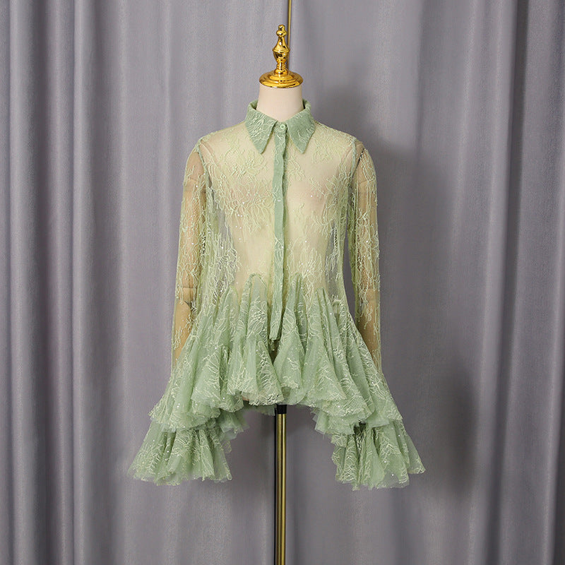 Polo Collar Single-Breasted Lace Stitching Waist-Controlled Long Sleeve Mini Dress