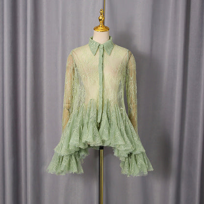 Polo Collar Single-Breasted Lace Stitching Waist-Controlled Long Sleeve Mini Dress