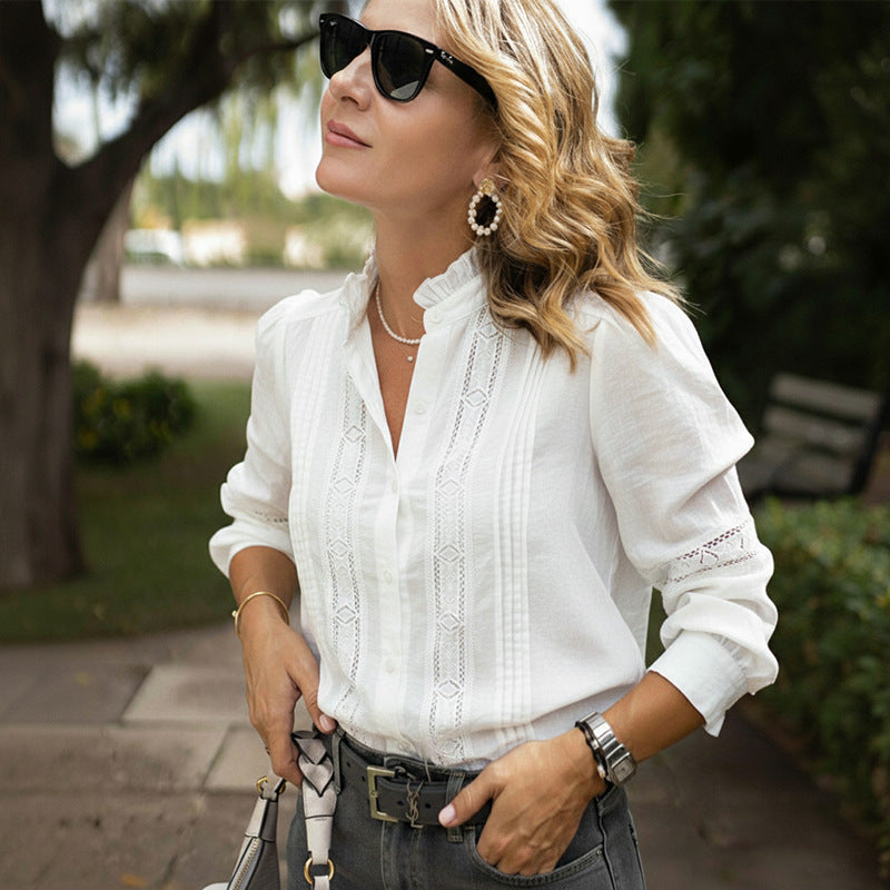 Lace Stand Collar Cutout Long Sleeve White Blouse