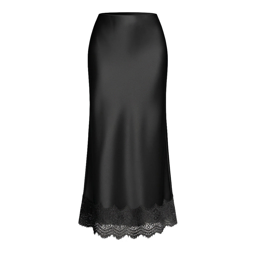 Lace Satin High Waist Pencil Midi Skirt