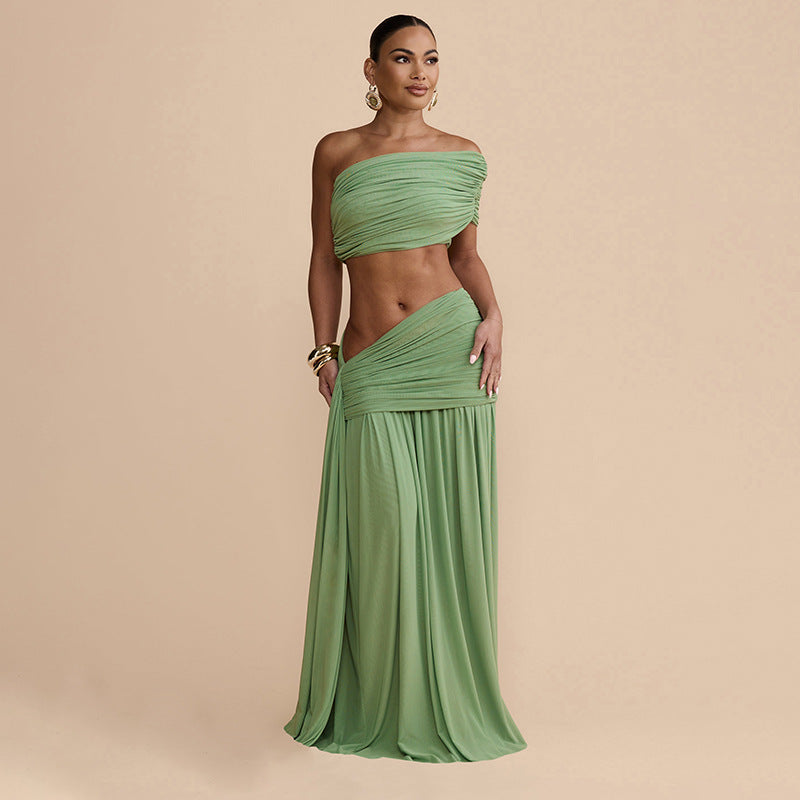 Tube Top Vest & Ribbon Pleated Skirt Two-Piece Set
