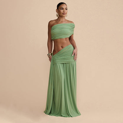 Tube Top Vest & Ribbon Pleated Skirt Two-Piece Set