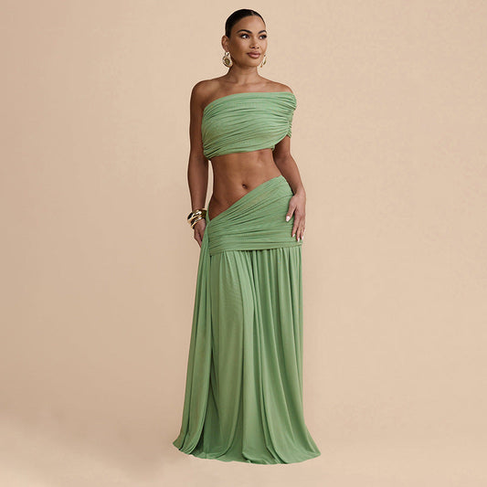 Tube Top Vest & Ribbon Pleated Skirt Two-Piece Set
