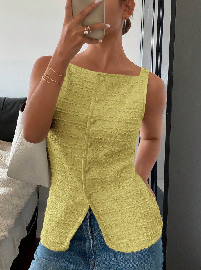 Single-Breasted Round Neck Sleeveless Slim Vest Top