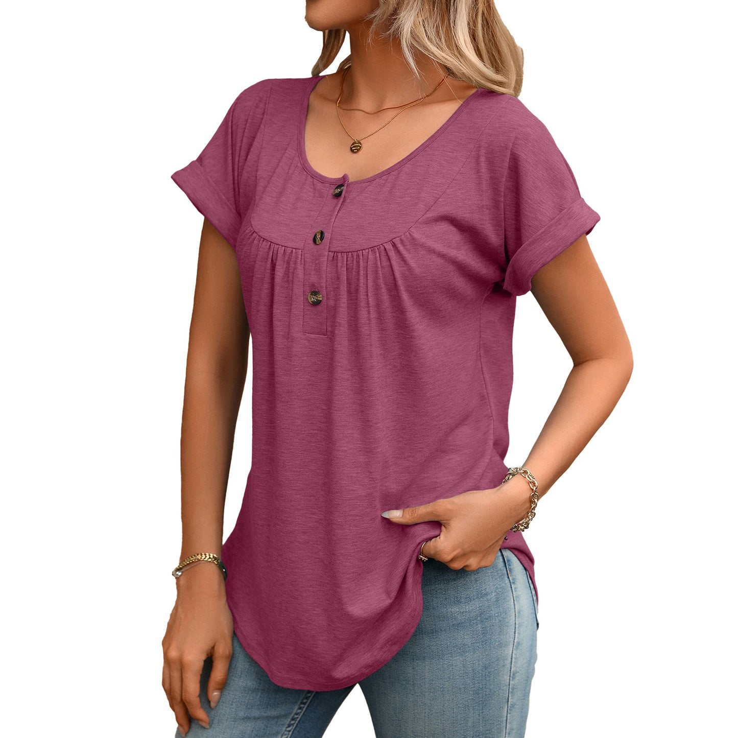Solid Round Neck Button Loose Short Sleeve Tee