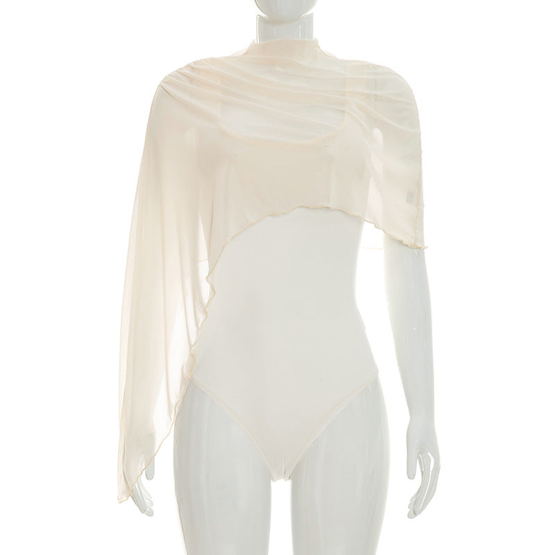 Asymmetric Mesh Shawl Slim Two-Piece Jumpsuit Set