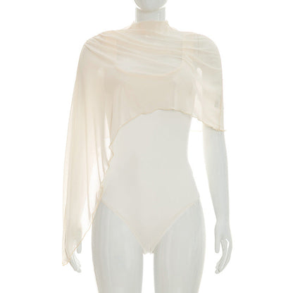 Asymmetric Mesh Shawl Slim Two-Piece Jumpsuit Set