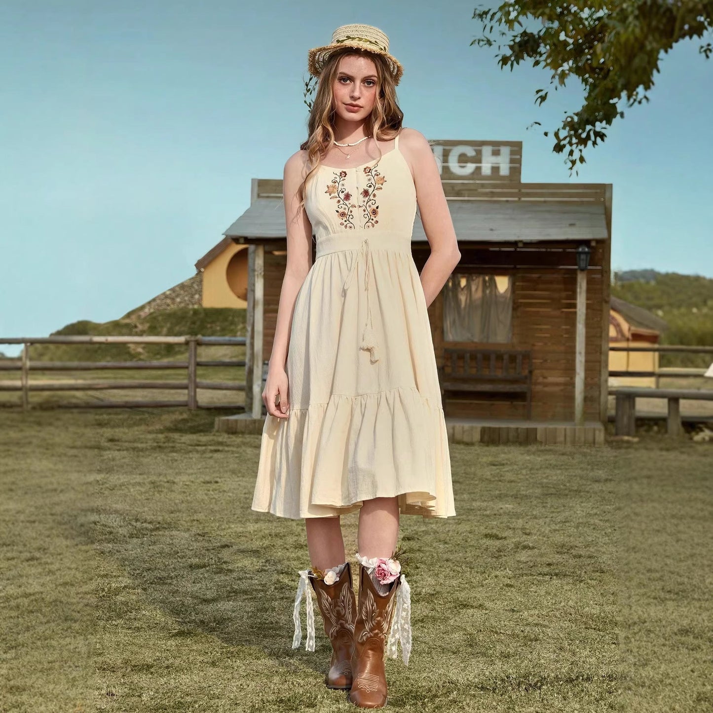 Off-Shoulder Ethnic Strap Vacation Seaside Dress