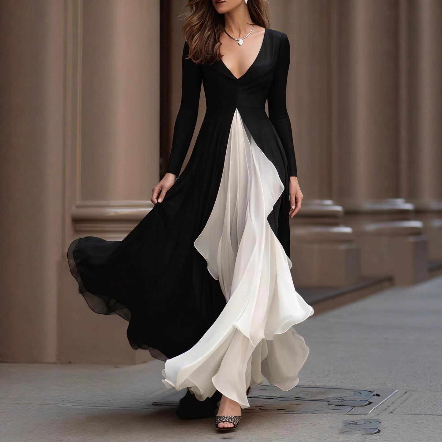 French Black & White Color Contrast V-Neck Swing Maxi Dress