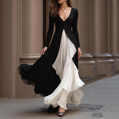 French Black & White Color Contrast V-Neck Swing Maxi Dress