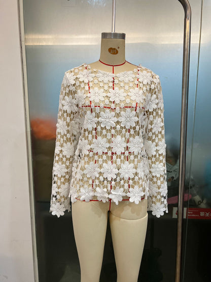 Retro Striped Embroidered Flounce Sleeve Collared Shirt