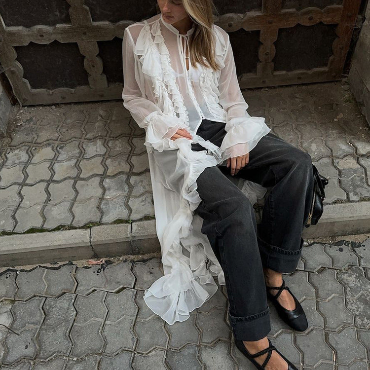 Sheer Ruffle Long Sleeve Single-Breasted Chiffon Dress