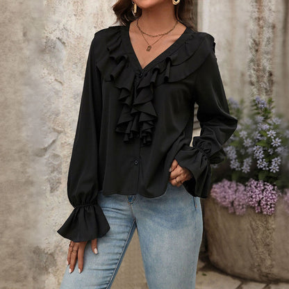 V-Neck Ruffle Elegant Long Sleeve Blouse