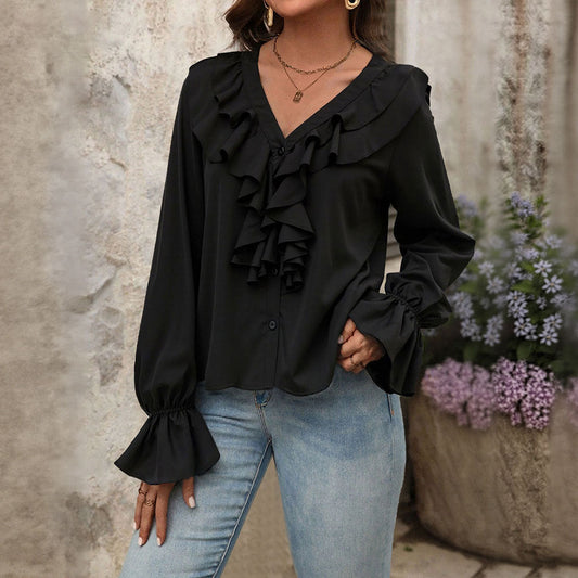 V-Neck Ruffle Elegant Long Sleeve Blouse