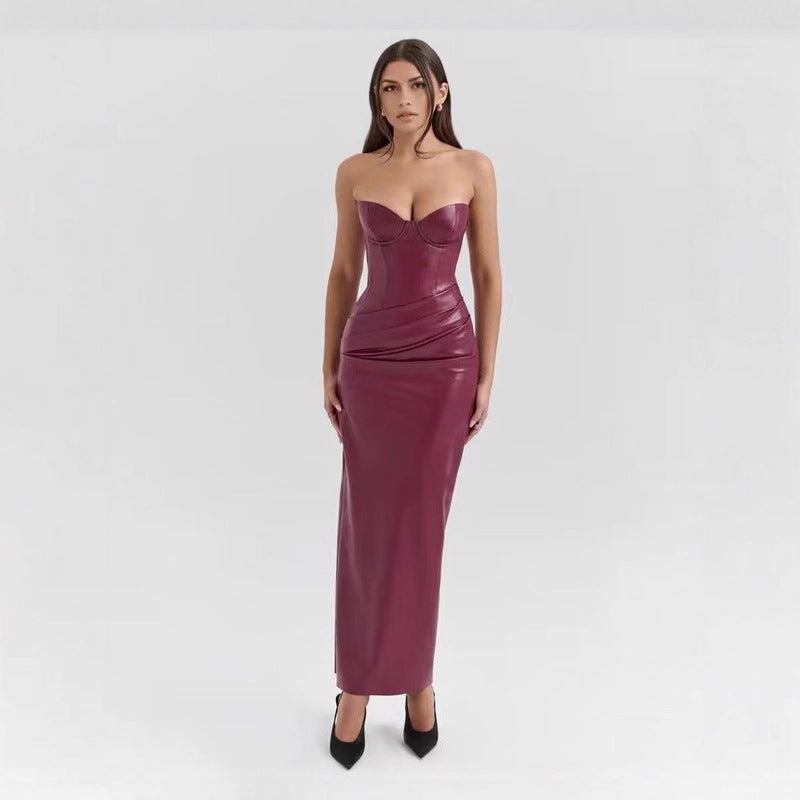 Lace-Up Slit Sheath Faux Leather Tube Top Maxi Dress