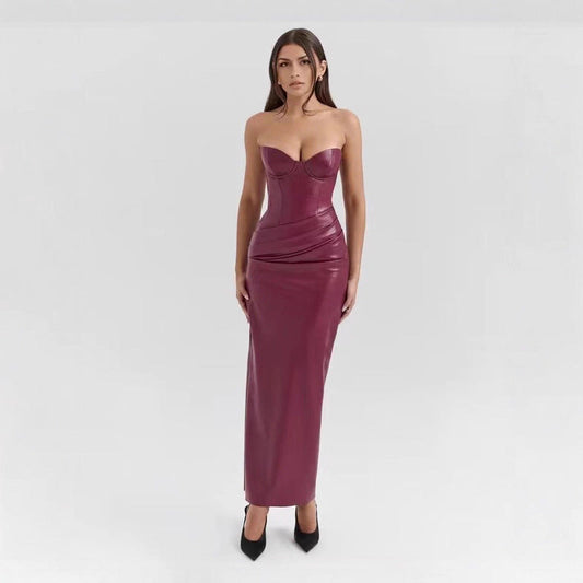 Lace-Up Slit Sheath Faux Leather Tube Top Maxi Dress