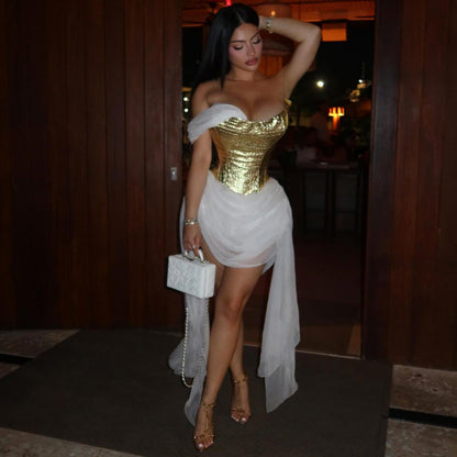 Golden Mesh Stitching Ribbon Sexy Maxi Dress